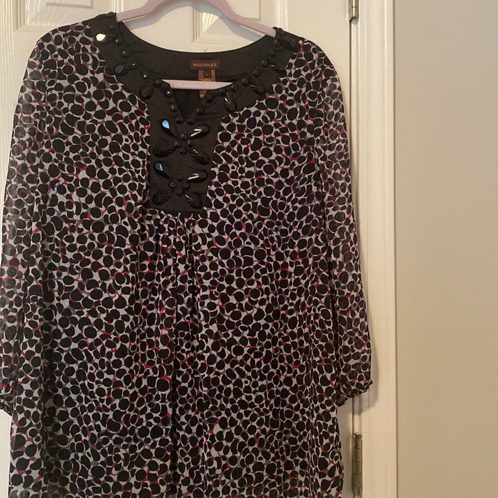 Multiples Size Large. Black blouse with gray and pink.